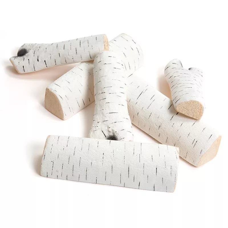 Set of 6 decorative ceramic logs, white with a birch-like finish