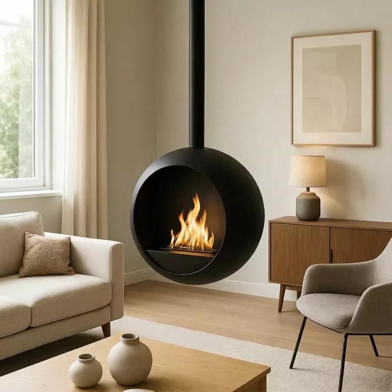 Cheminée éthanol Centonova suspendue – Fermé d'un côté Hauteur H. 202 cm – Tube 150 cm