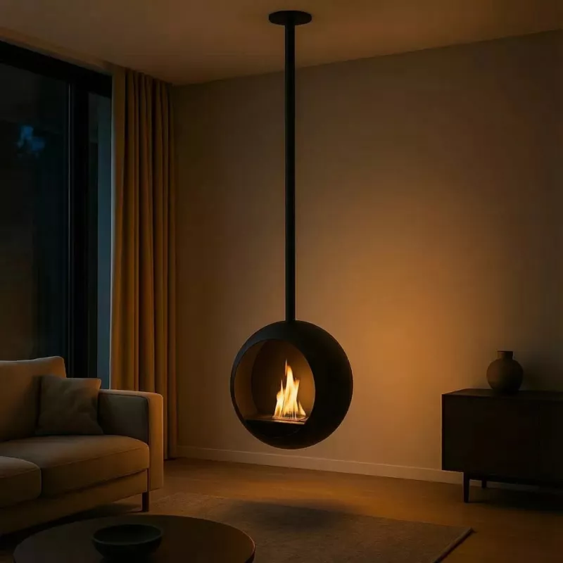 Cheminée éthanol Centonova suspendue – Fermé d'un côté Hauteur H. 202 cm – Tube 150 cm