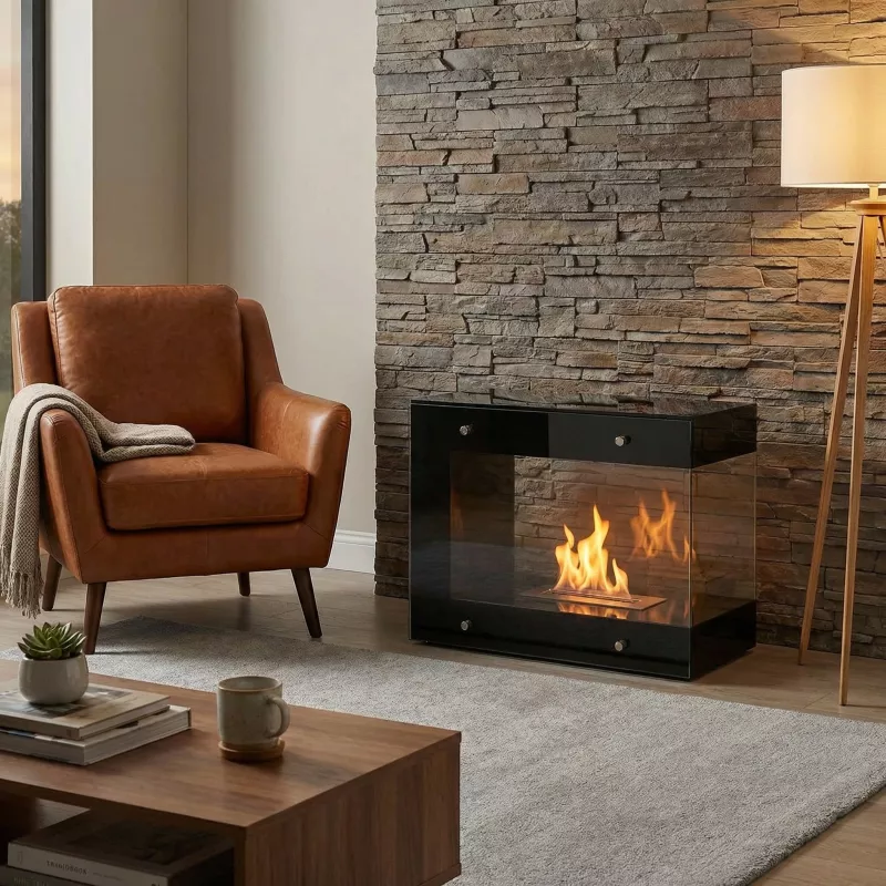 Cheminée bio à l'éthanol Torino, à poser au sol Couleur Noir