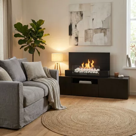 Cheminée bio-éthanol avec faux galets Couleur Noir