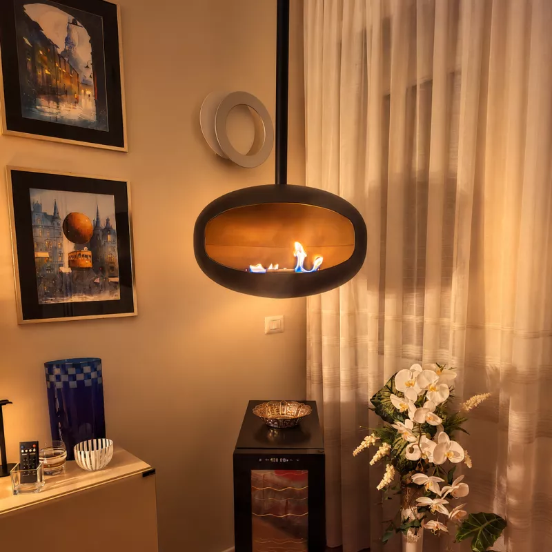 Camino a etanolo Marbella sospeso – Forma ovoidale Altezza H. 65 cm - Tubo 25 cm